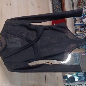 NWT- Naked Wardrobe- Mesh CrissCross LS Thong Bodysuit- Black- Large